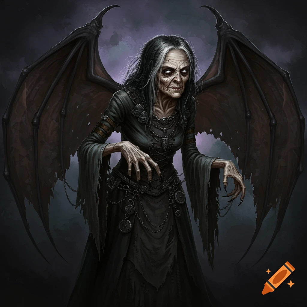 A gaunt, old hag with bat wings and glowing white eyes.