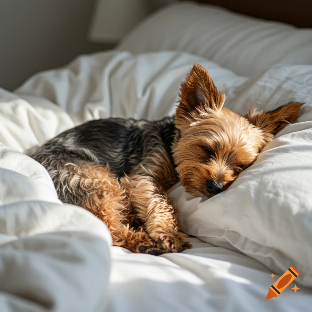 A small Yorkshire Terrier dog is sleeping peacefully curled up on a white bed under bright sunlight.