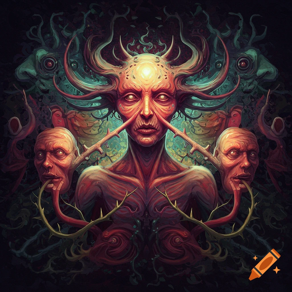 A grotesque creature is depicted with horns, tentacles, thorns, and detached heads.