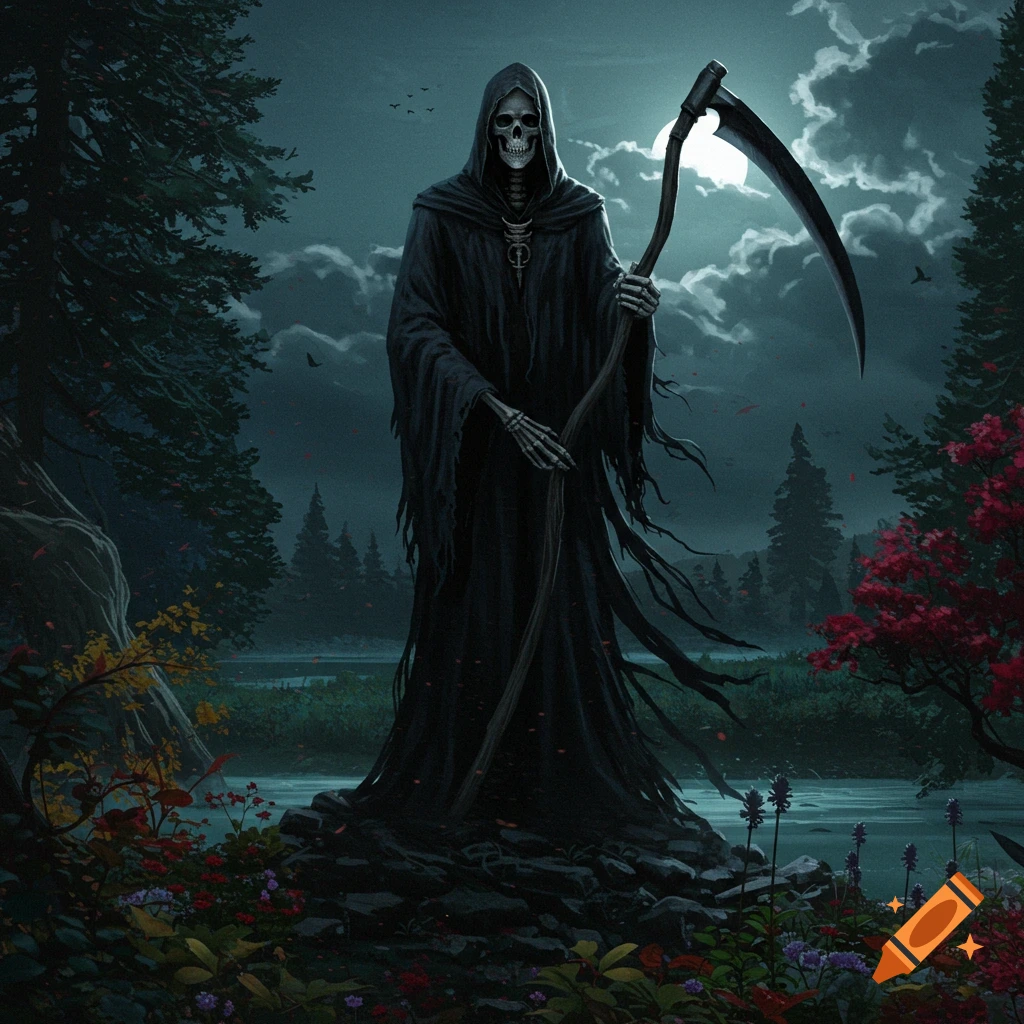 The Grim Reaper stands in a forest under a cloudy moonlit sky.