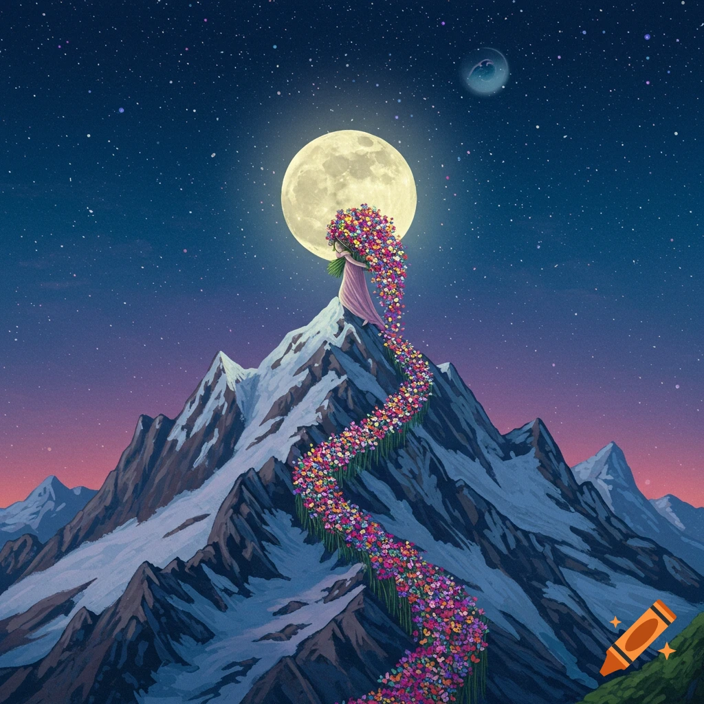 A lone figure stands on a mountain peak under a full moon, holding flowers that trail down the side.