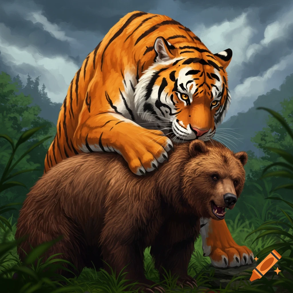 A tiger is standing on a brown bear in a forest.