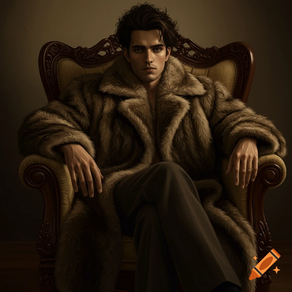 A man in a large fur coat sits in an ornate chair.