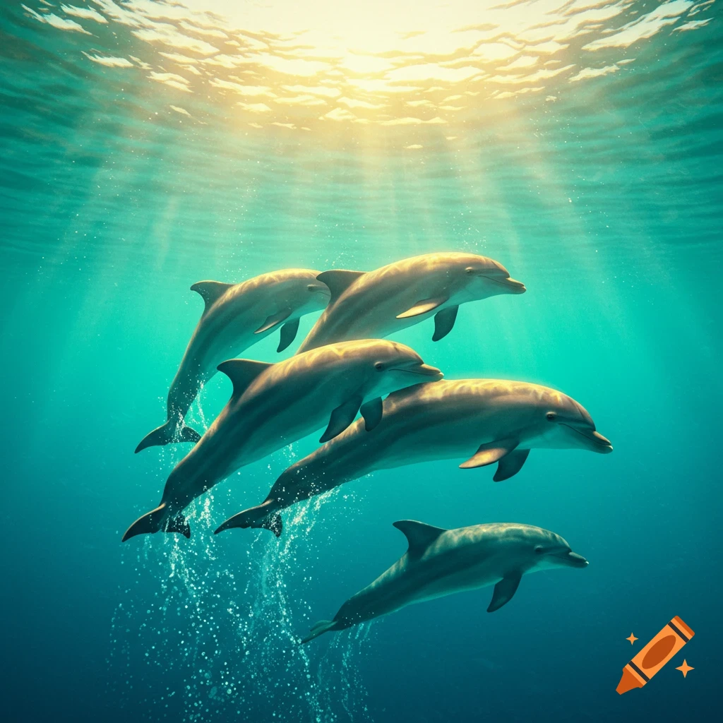 A pod of dolphins swims underwater as sun rays stream from the surface.