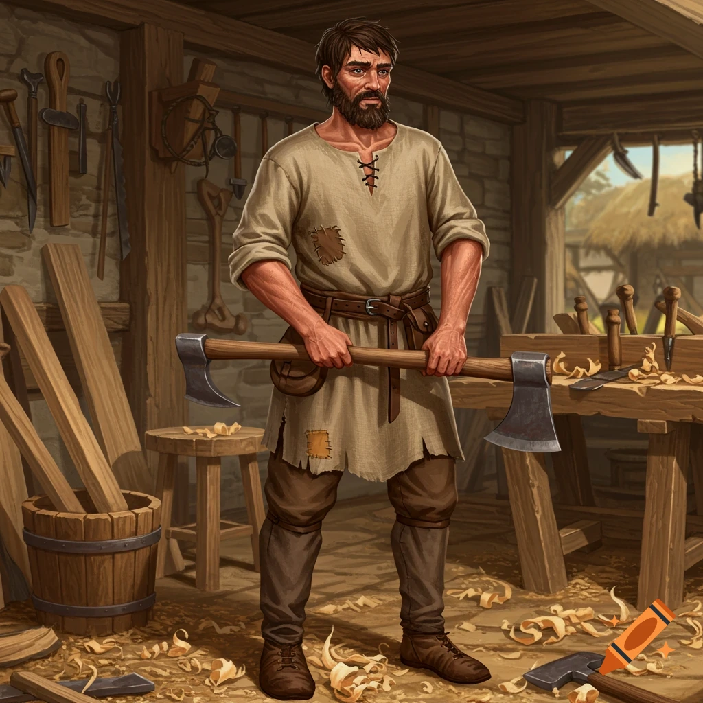 A medieval carpenter holding an axe in a workshop