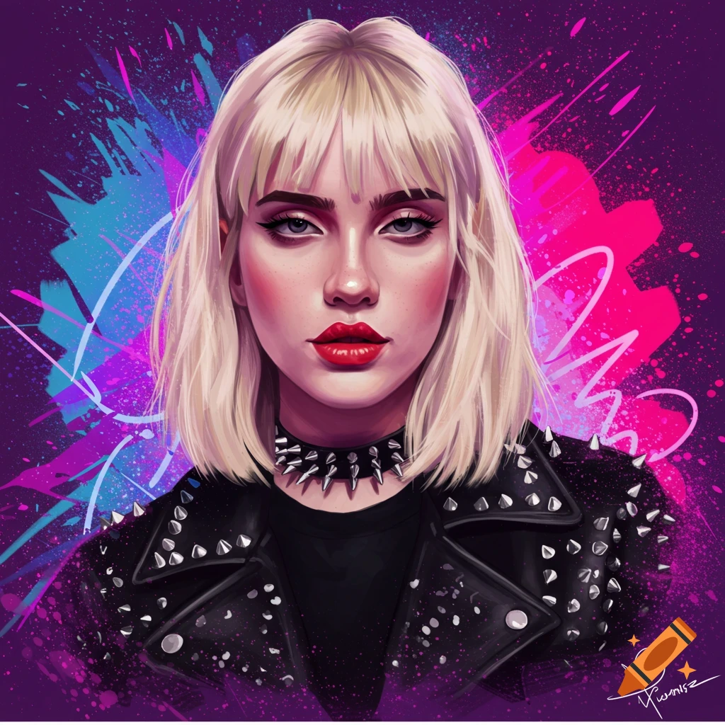 A woman with blonde hair, red lipstick, spiked choker, and leather jacket is shown against a colorful splatter background.
