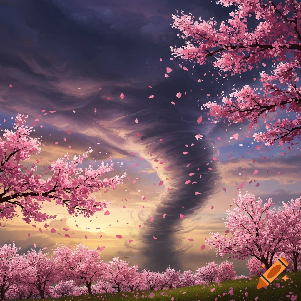 Pink cherry blossoms and petals swirl in a dark tornado over a grassy field.