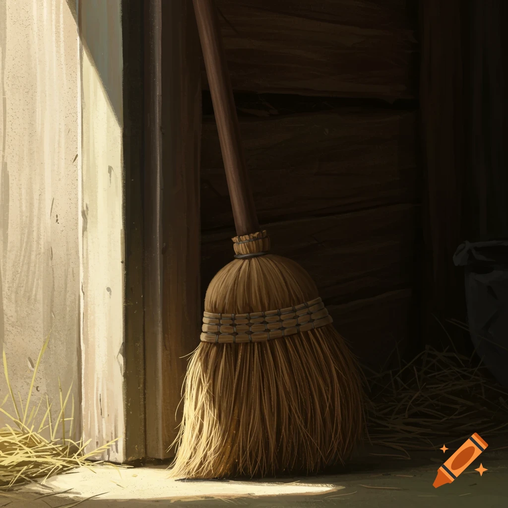 A straw broom leaning against a wooden wall in a sunlit rustic room with straw on the floor.
