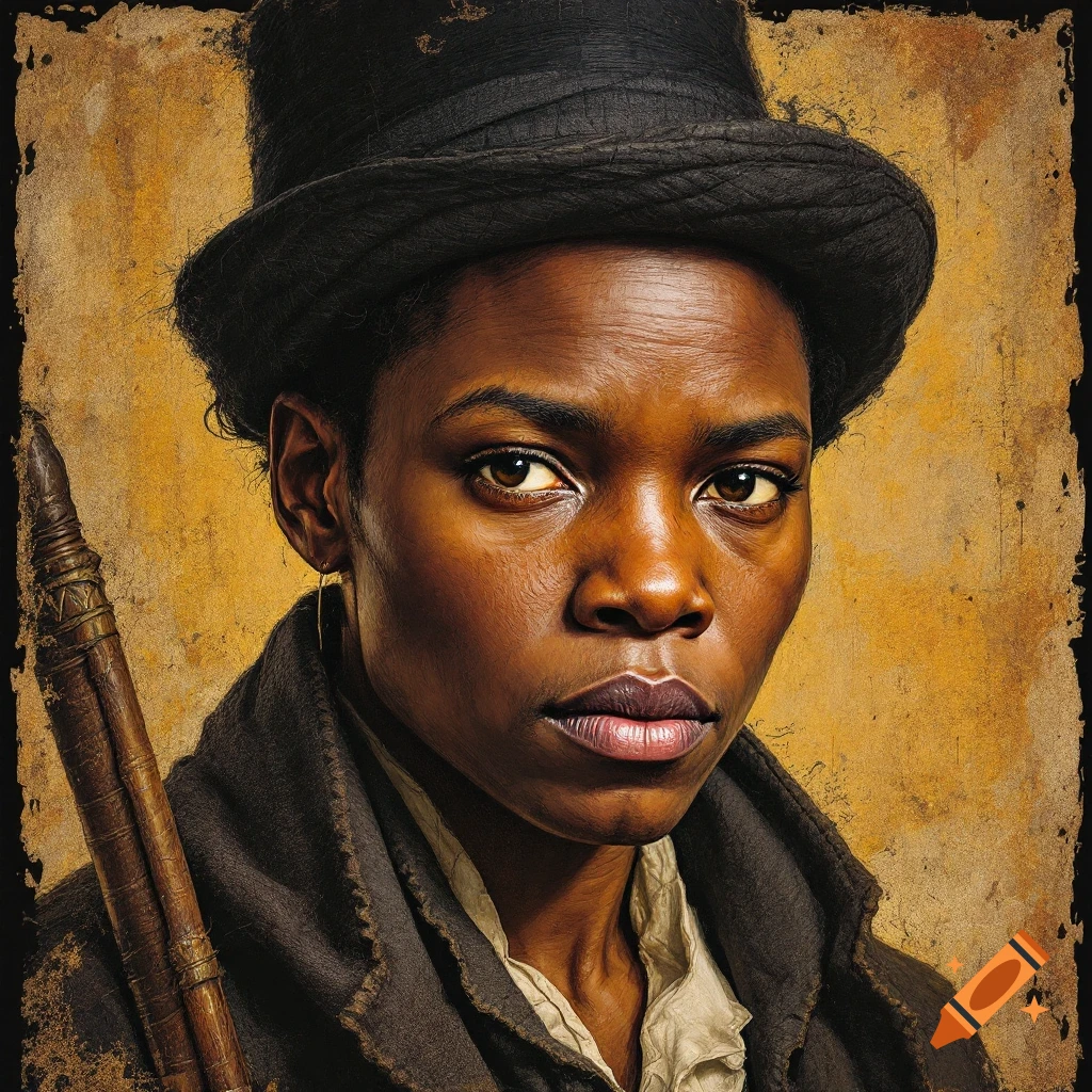 Portrait of a person in a top hat and coat, holding a staff against an aged poster background.
