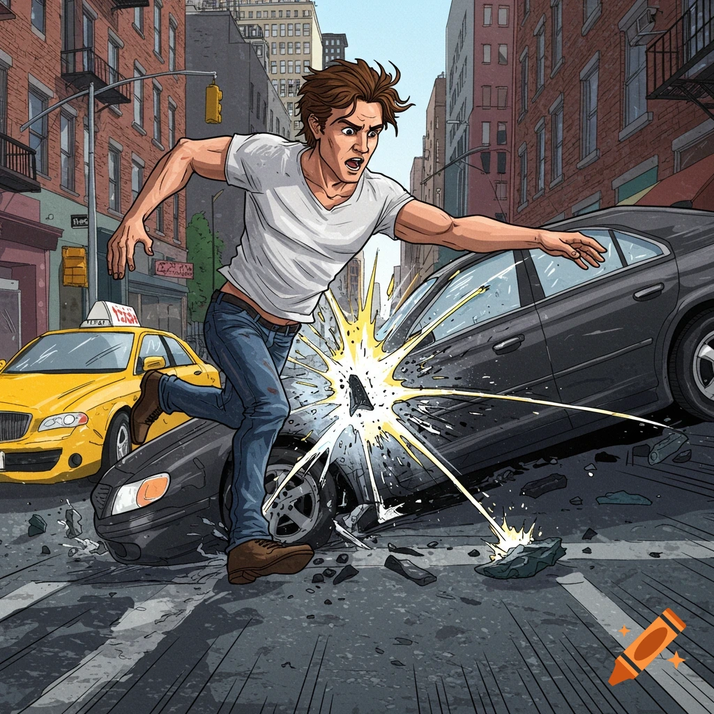 An illustration of a man running into a car during an impact on a city street with a taxi behind him.