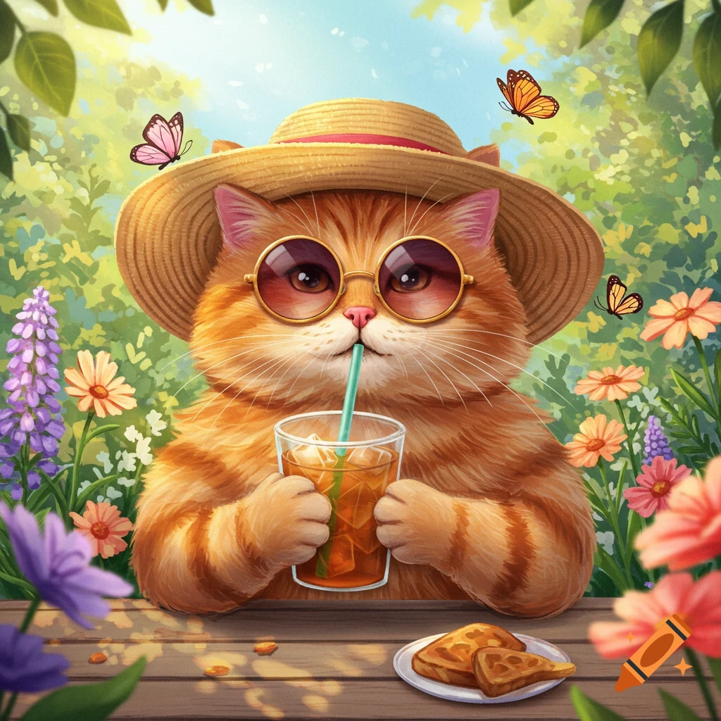 Cute orange cat in hat and sunglasses drinks iced tea in a sunny garden.