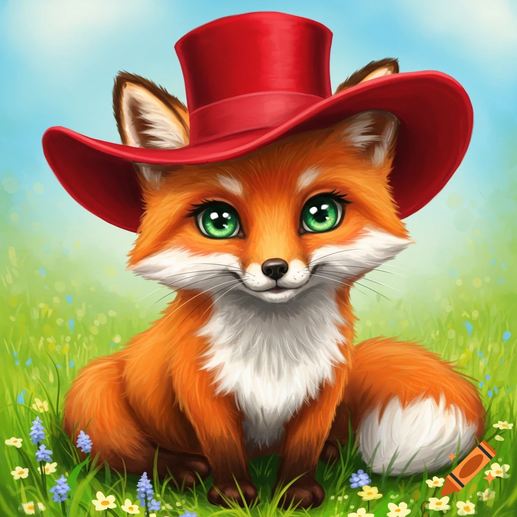 A cute fox wearing a red top hat sits in a grassy field with flowers.