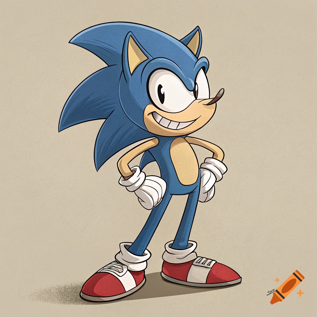 Cartoon illustration of Sonic the Hedgehog standing and smiling.