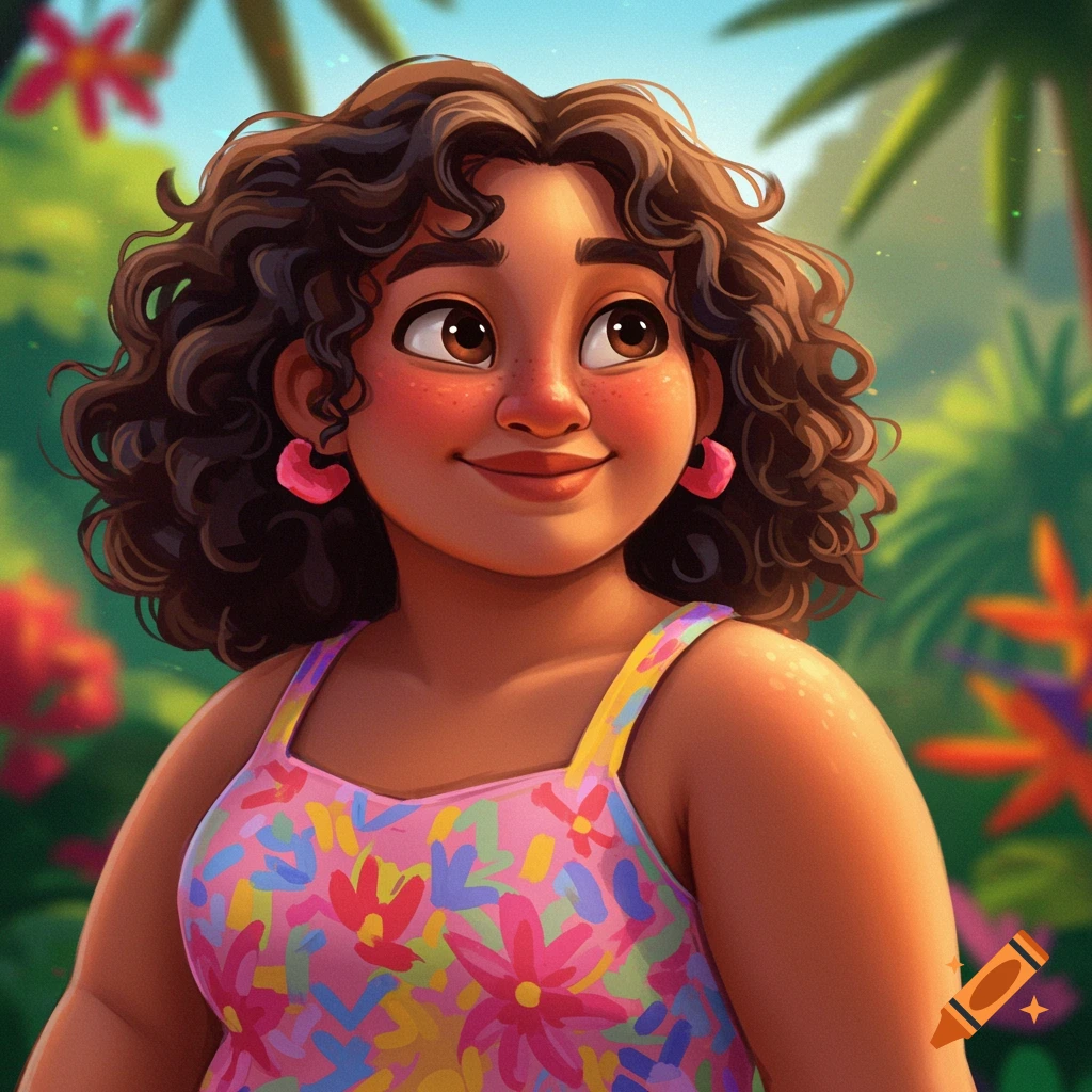 A smiling girl with curly hair and floral dress in a tropical garden.