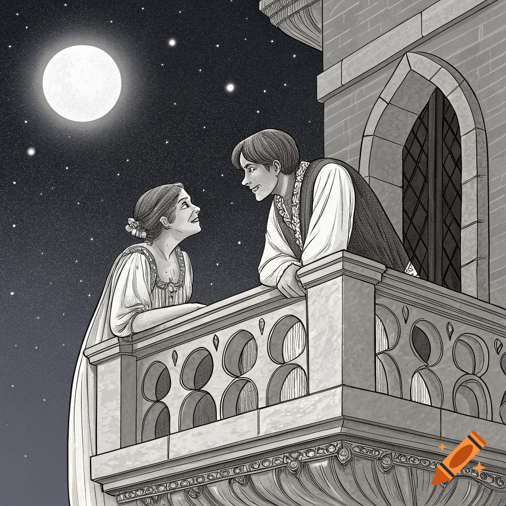 Black and white illustration of a couple talking on a balcony under a full moon and stars.