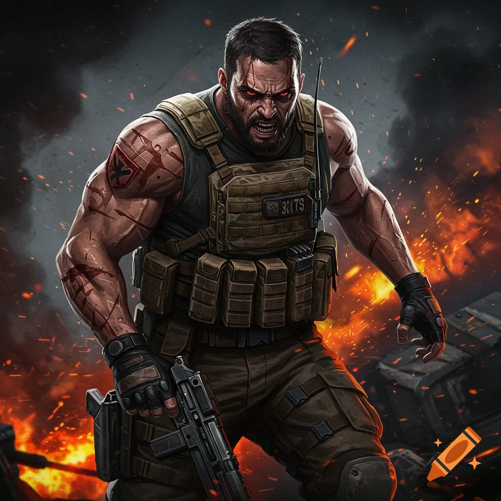 Painting of a fierce soldier in tactical gear in an explosion