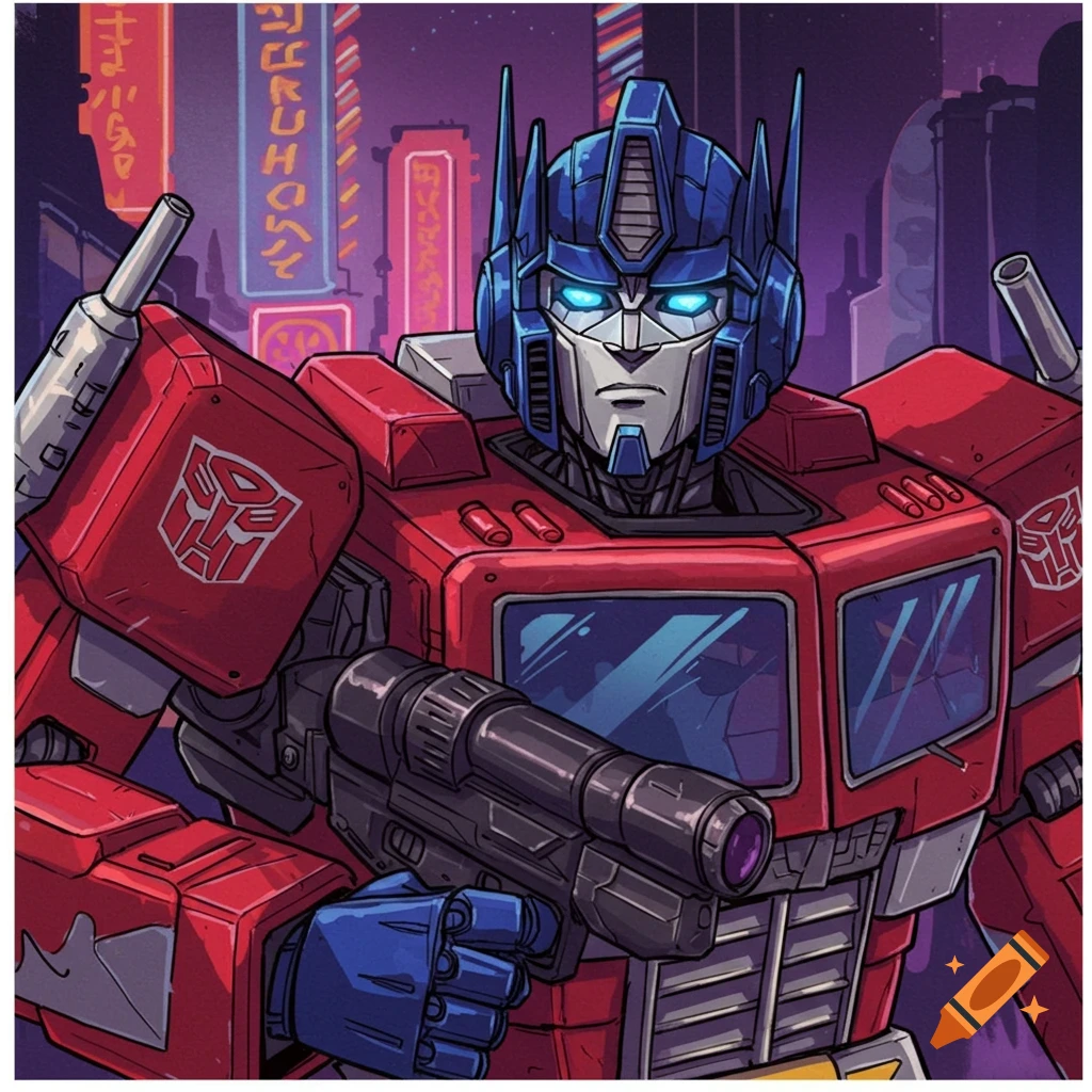 Optimus Prime holding a gun in a cyberpunk city.