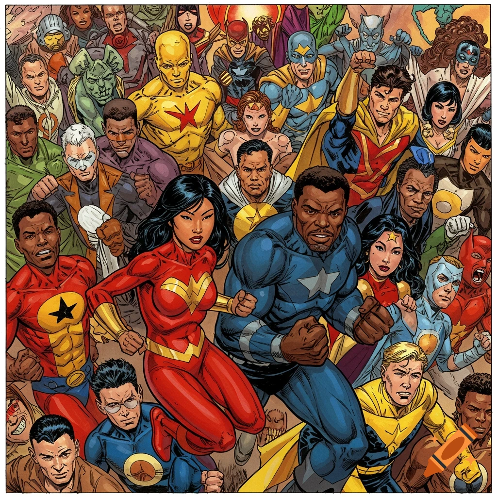 Large group of diverse superheroes in dynamic poses, comic book art style.