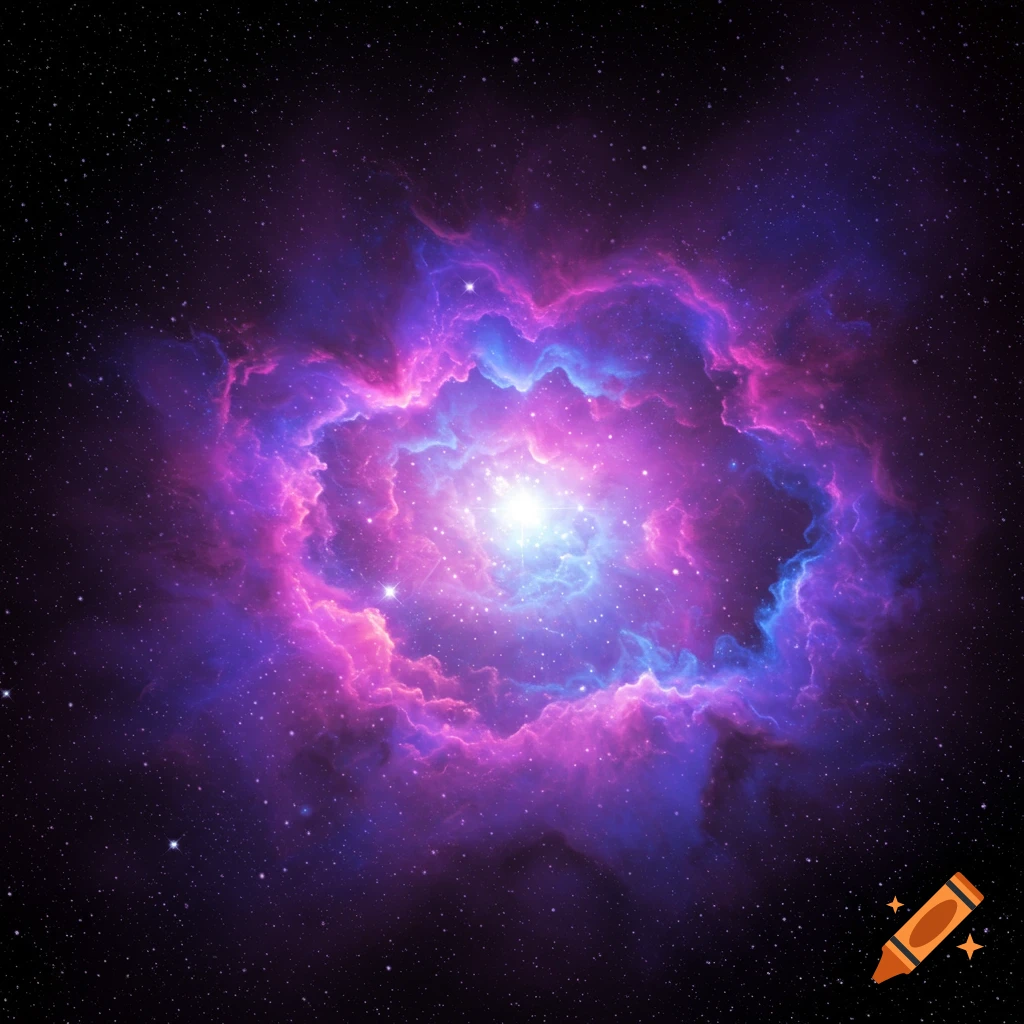 A vibrant pink and blue nebula surrounds a bright star in space.