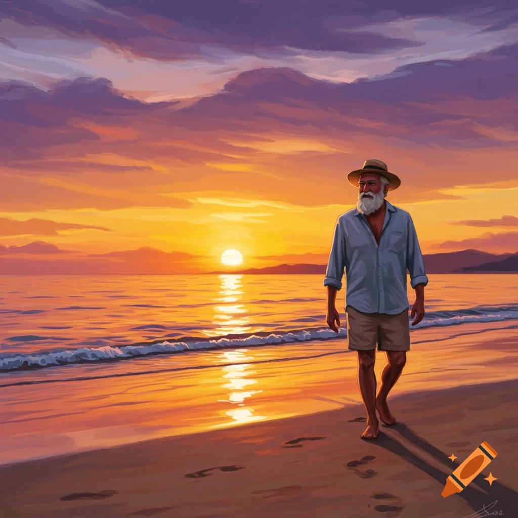 A man walks on a beach at sunset.