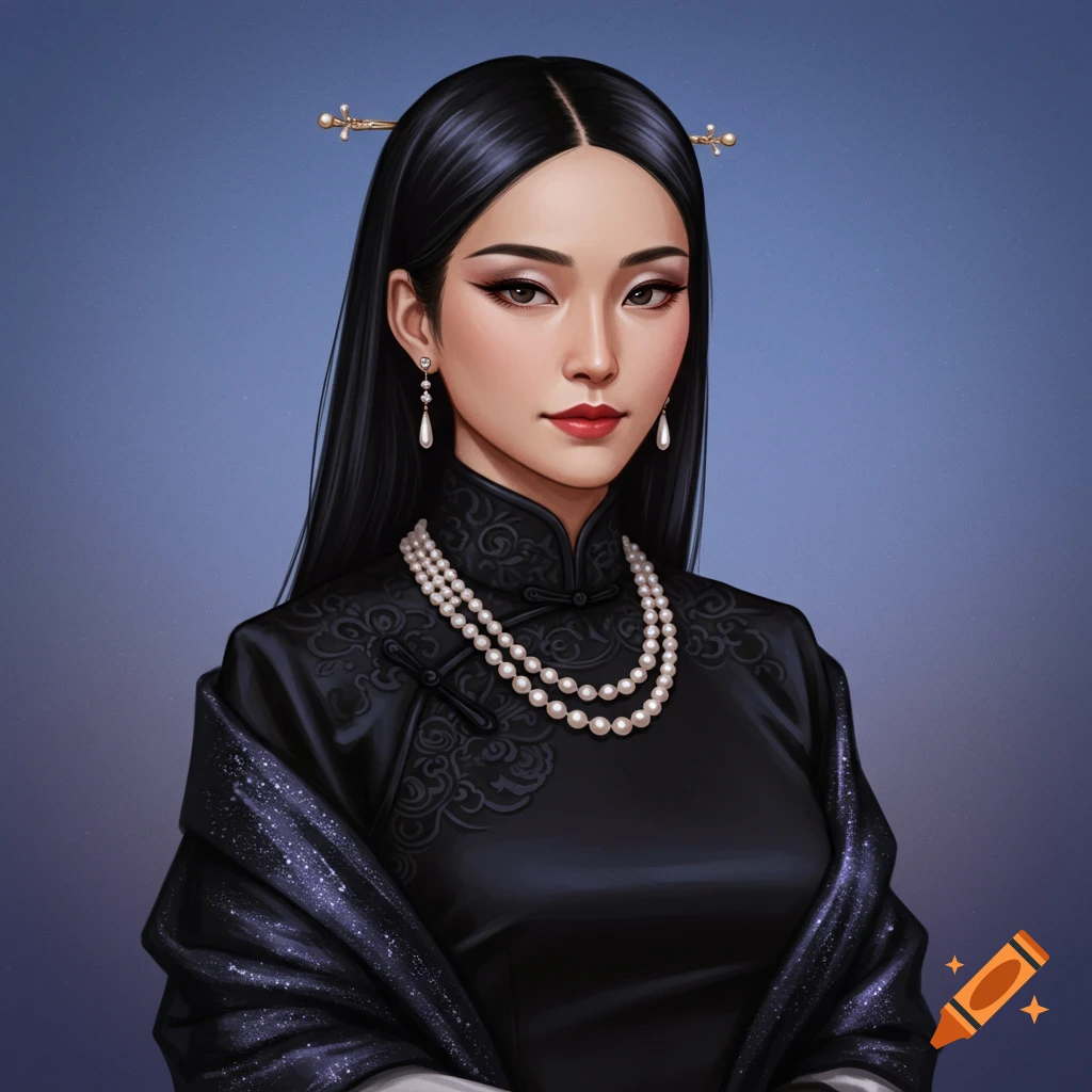 A woman in a black qipao with a pearl necklace and earrings.