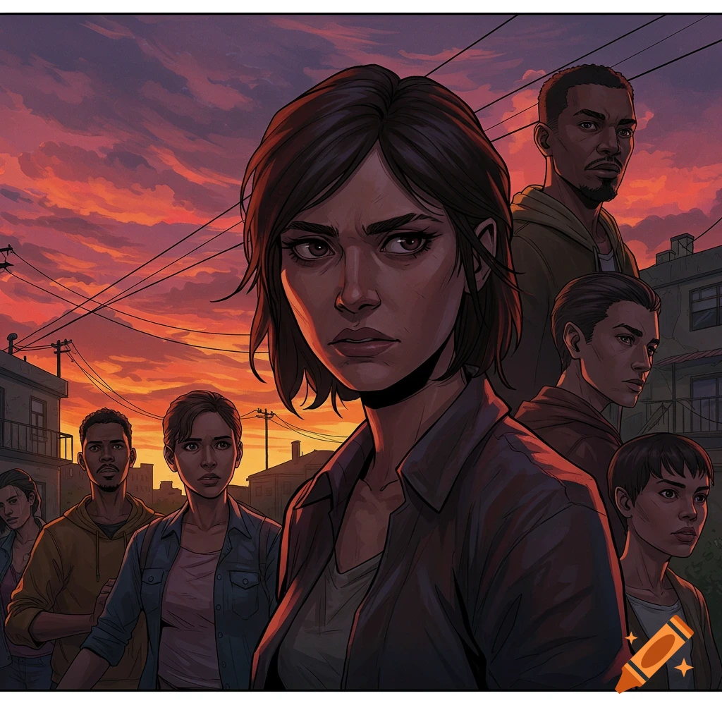A group of diverse characters stand dramatically at sunset, with a woman prominent in the foreground.