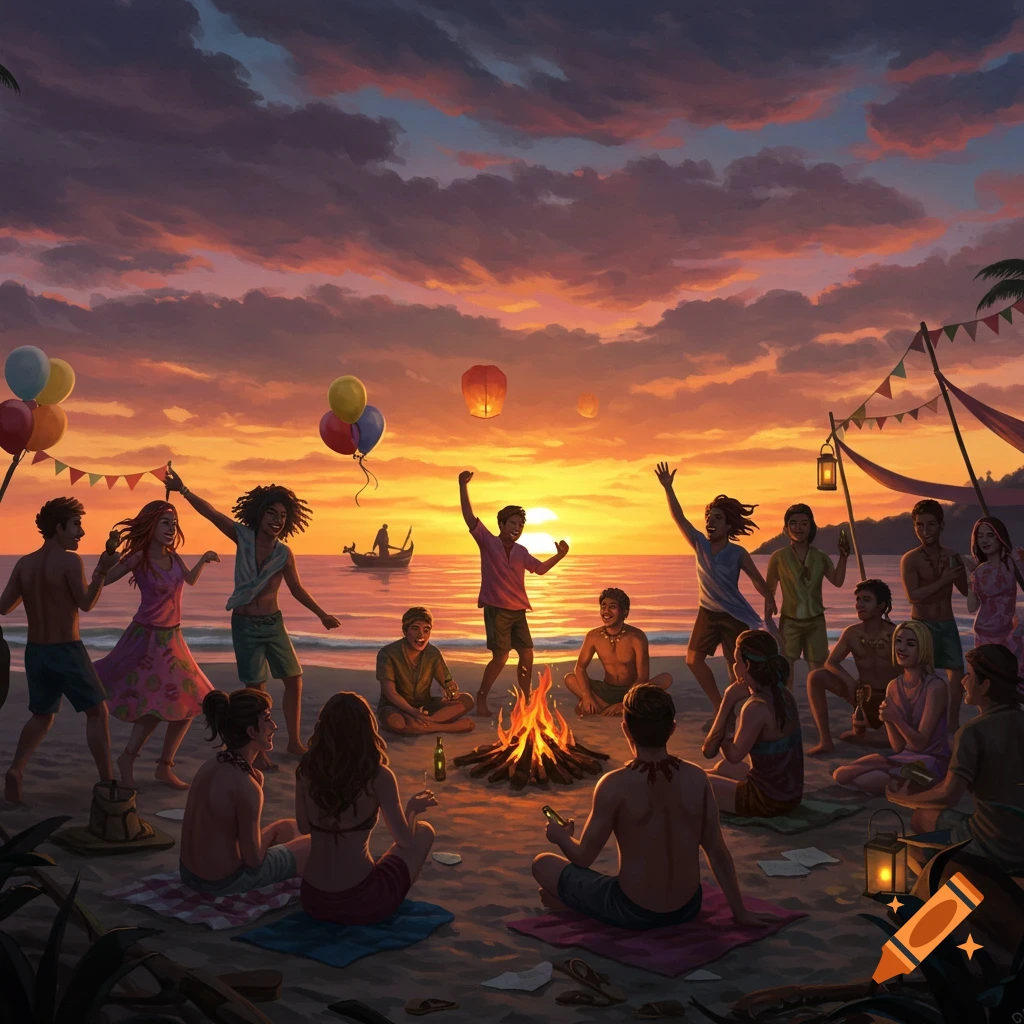 A group of people are celebrating around a bonfire on a beach at sunset.