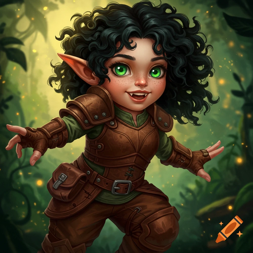Young female gnome with curly black hair, green eyes, and leather armor smiles in a forest.