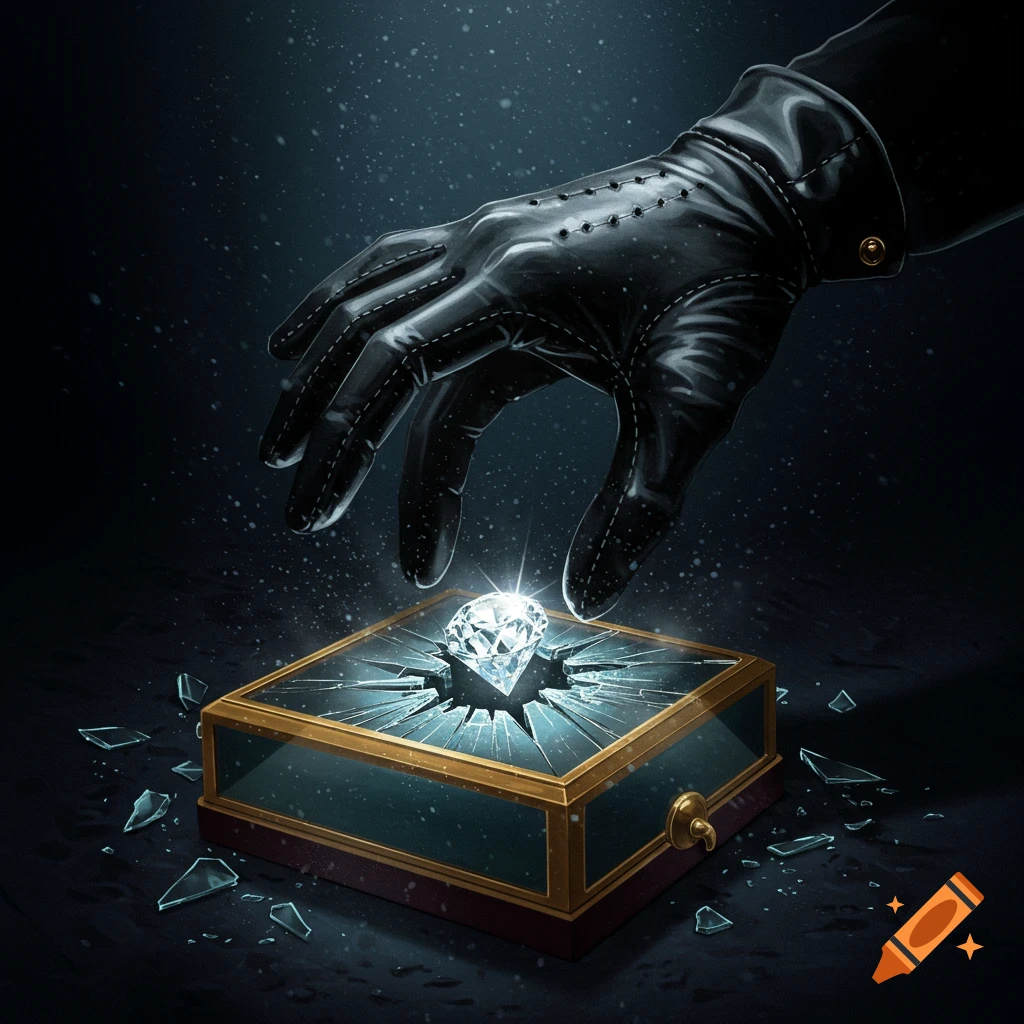 A black gloved hand reaches for a sparkling diamond inside a shattered display case in a dark setting.