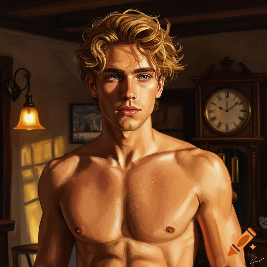 A shirtless man with blonde hair and blue eyes is indoors with a clock.