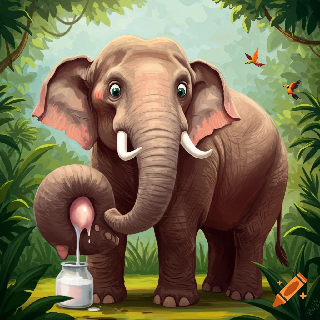 An elephant milking into a jar in a jungle