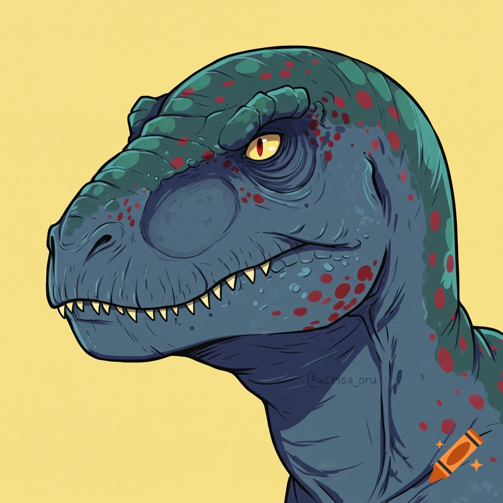 Profile illustration of a blue cartoon dinosaur with red spots and a yellow eye.