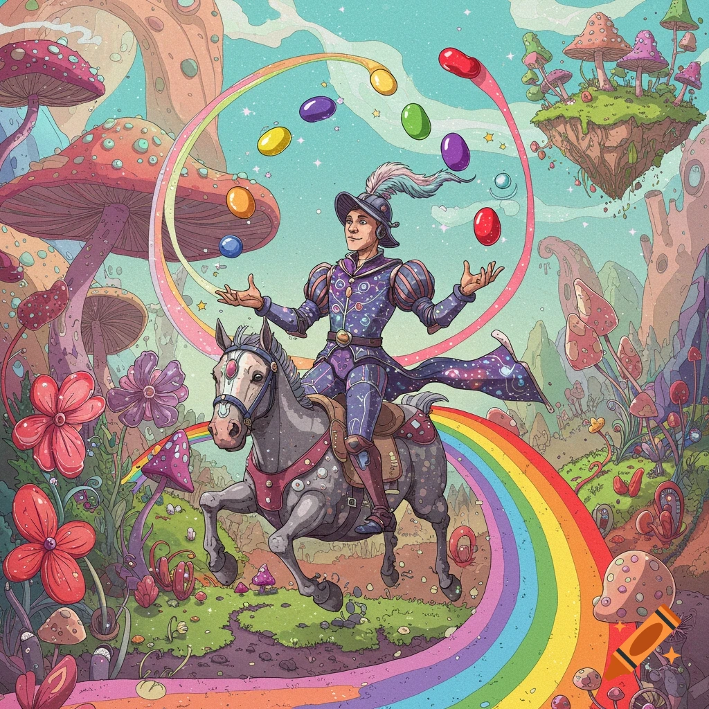 Digital illustration of a cavalier riding a horse on a rainbow, juggling colorful spheres in a whimsical mushroom forest.