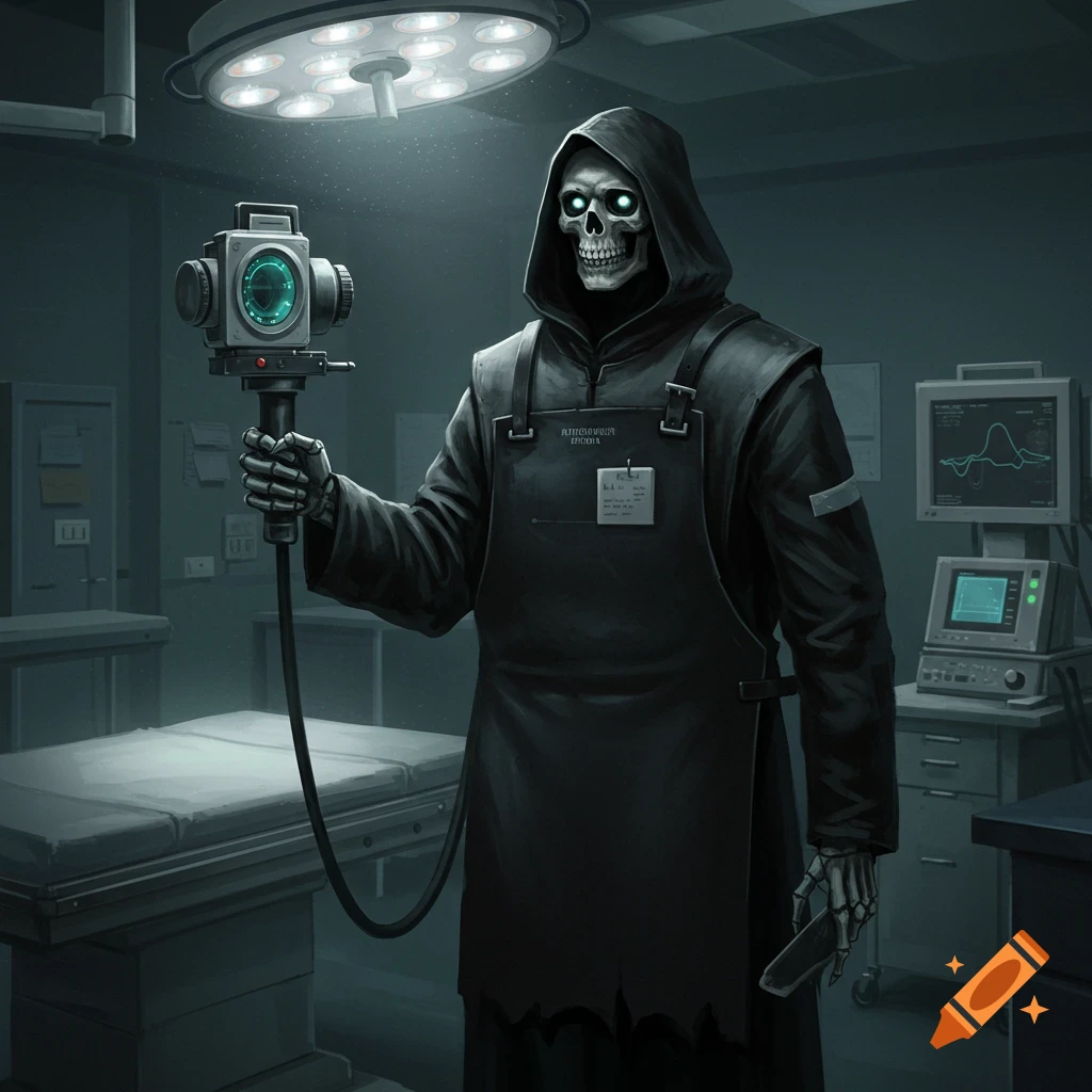 The Grim Reaper holding a camera in an operating room.
