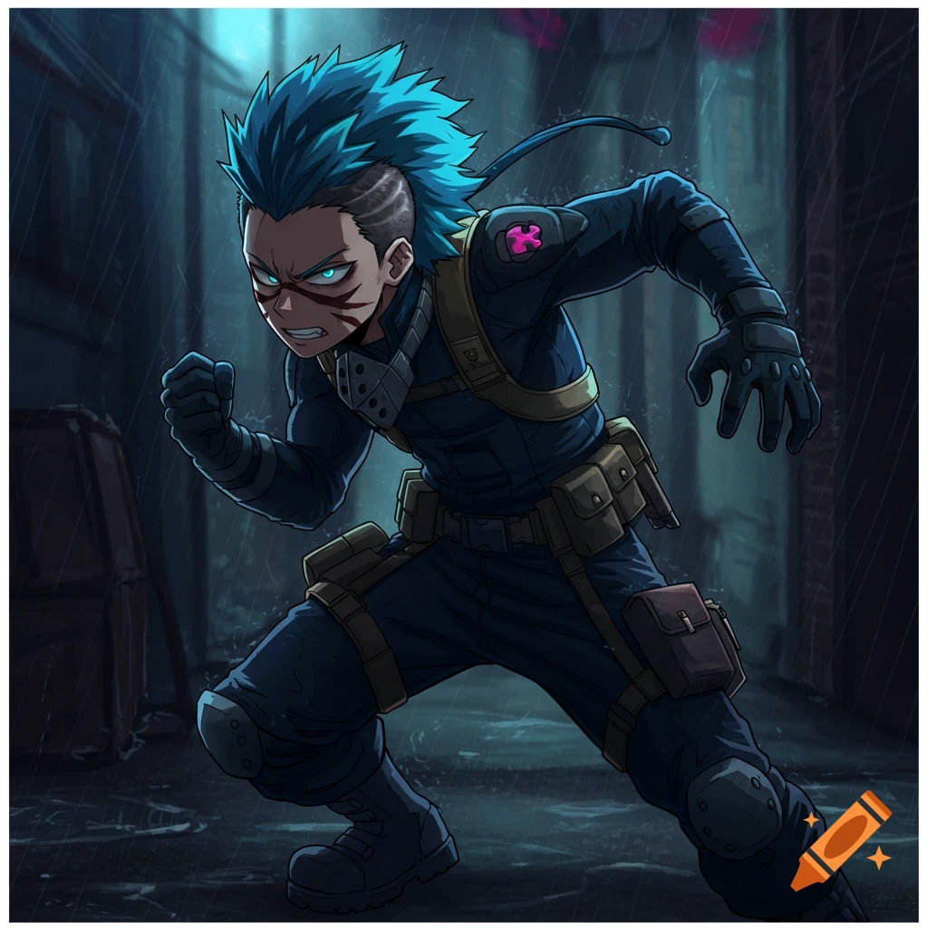 Anime character with blue spiked hair and tactical gear running in the rain.