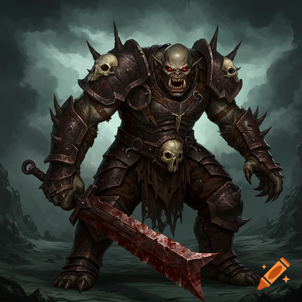 A heavily armored orc monster with red eyes holding a bloody sword against a stormy background.