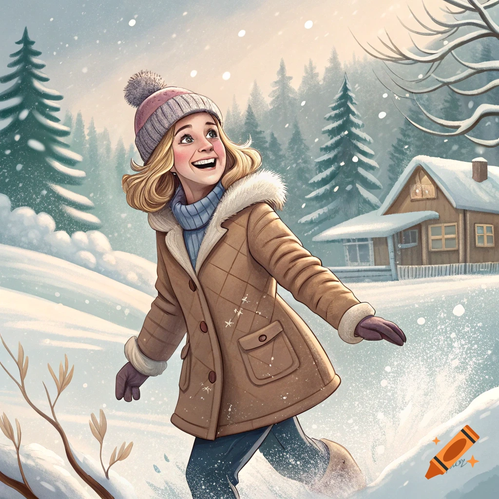 An illustration of a smiling person in a winter hat and coat playing in the snow.