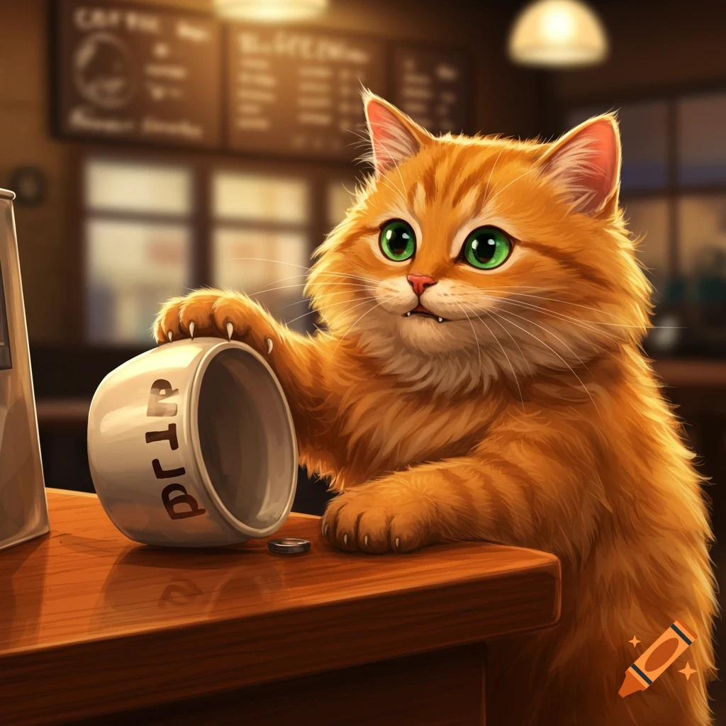 An orange cartoon cat knocks over a tip jar in a coffee shop.