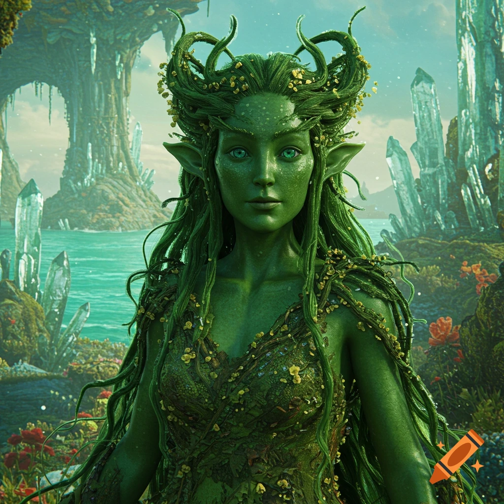 A photorealistic image of a green-skinned woman with vine hair and clothing in a lush, crystalline landscape.
