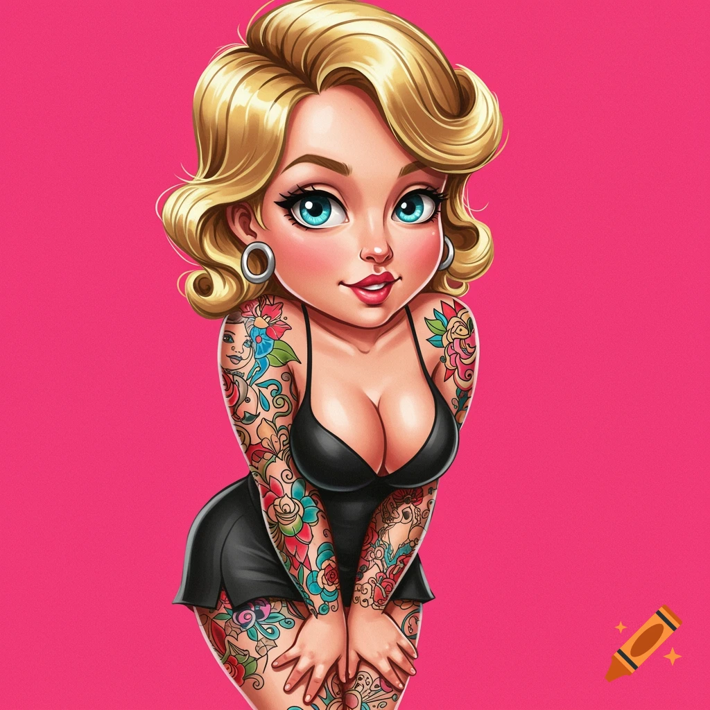 Pop art of a blonde woman with colorful tattoos in a black dress on a pink background