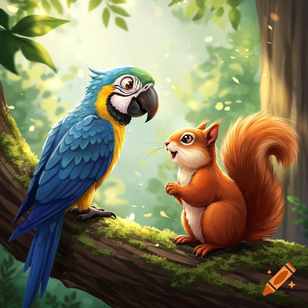 A cute cartoon blue and yellow macaw talks to an orange squirrel on a mossy tree branch in a sunlit forest.
