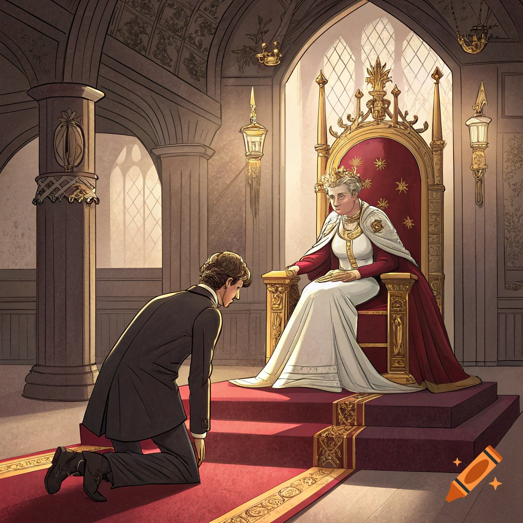 An illustration of a man bowing on a red carpet before a queen seated on a throne in a grand hall.
