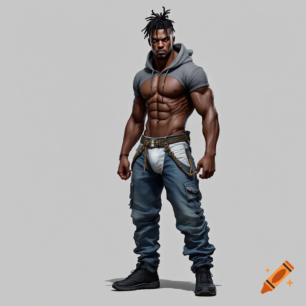 A man with dreadlocks wearing a cropped hoodie, sagging jeans, and sneakers, showing off his muscular physique.