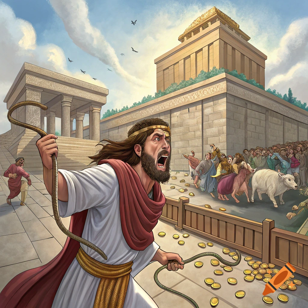 Jesus with a whip clears the temple, scattering people, animals, and coins, against a backdrop of ancient architecture.