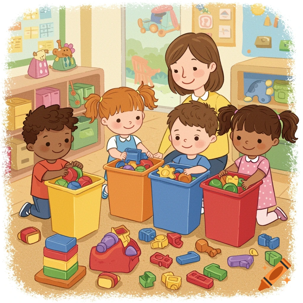 Whimsical cartoon illustration of a teacher supervising diverse preschoolers sorting colorful toys into bins in a classroom.