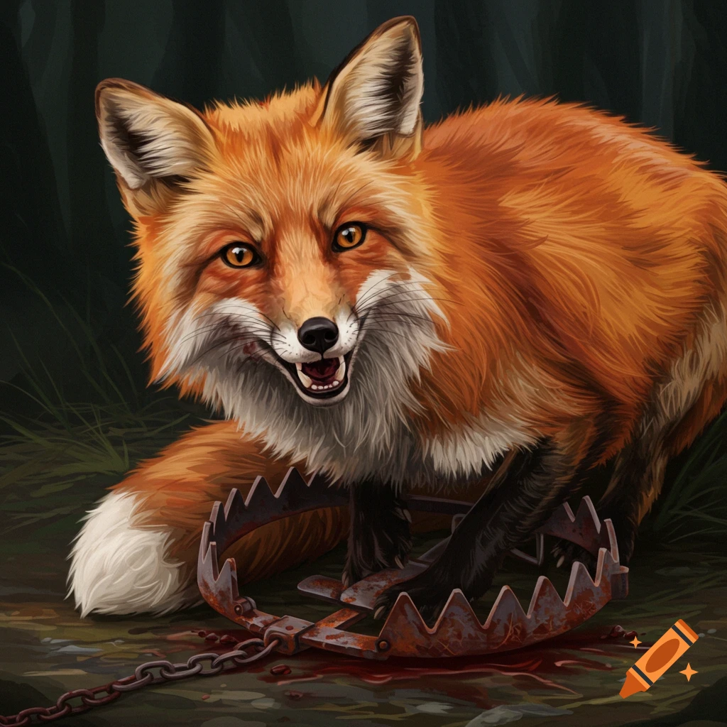 A fox caught in a rusty trap with blood.