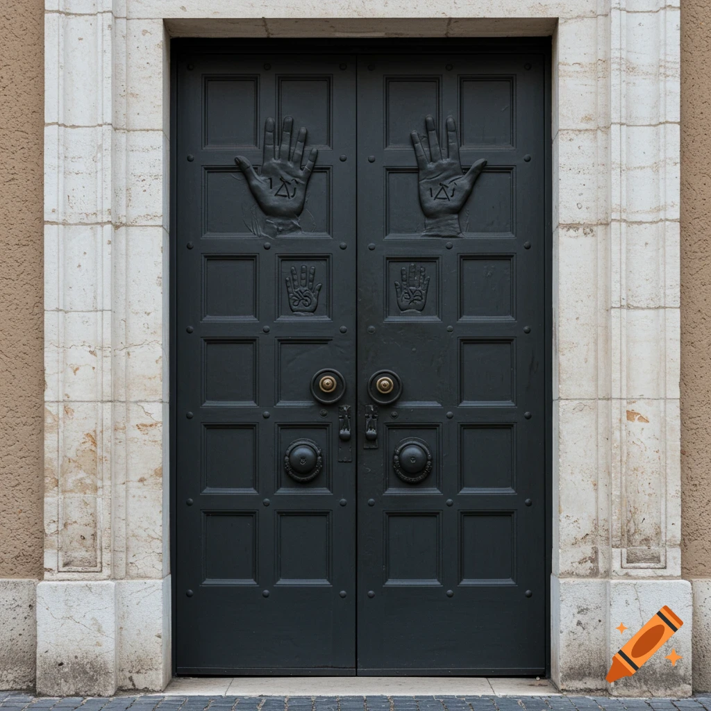 Dark double door with sculpted hands and symbols, framed by stone.