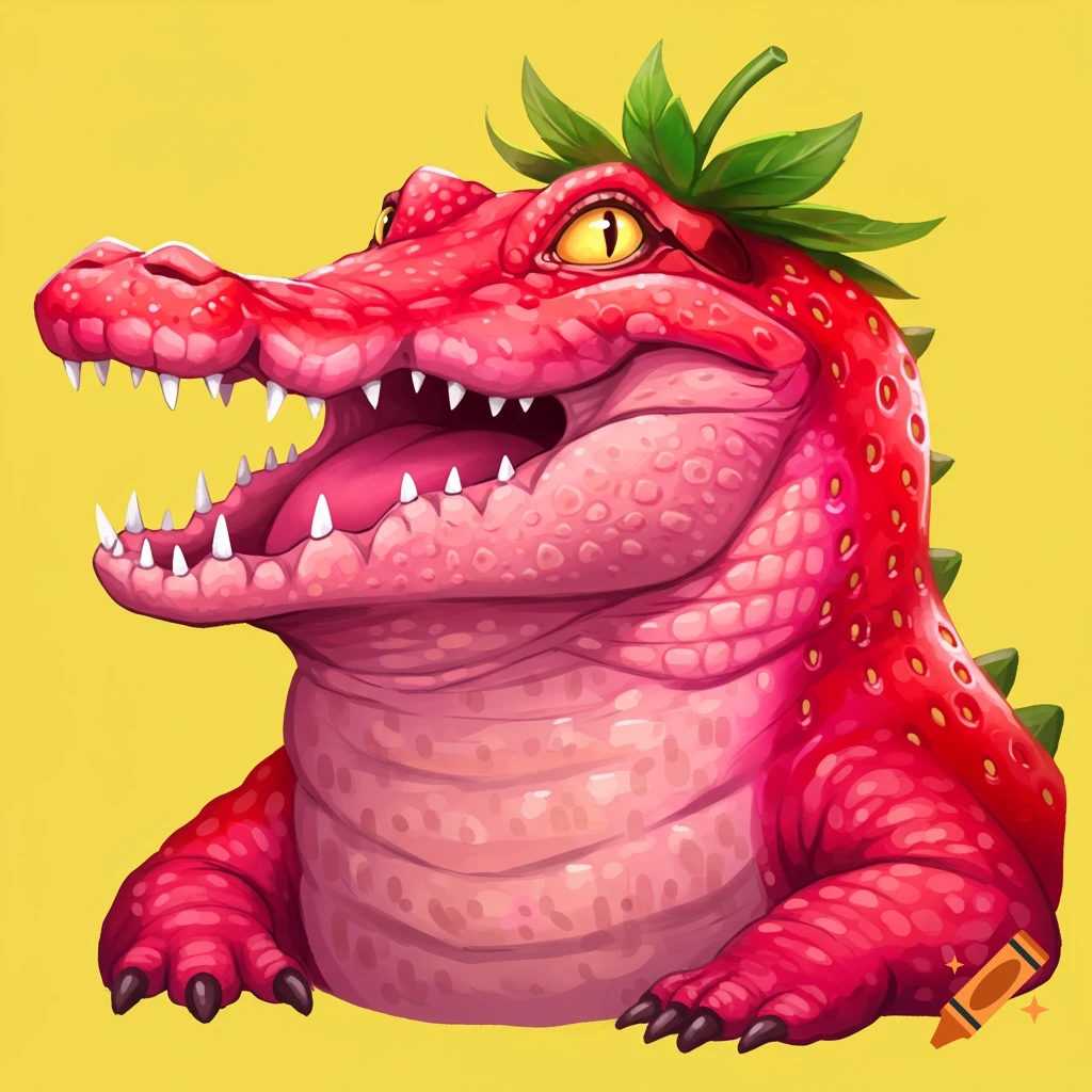 A cartoon strawberry crocodile with its mouth open.