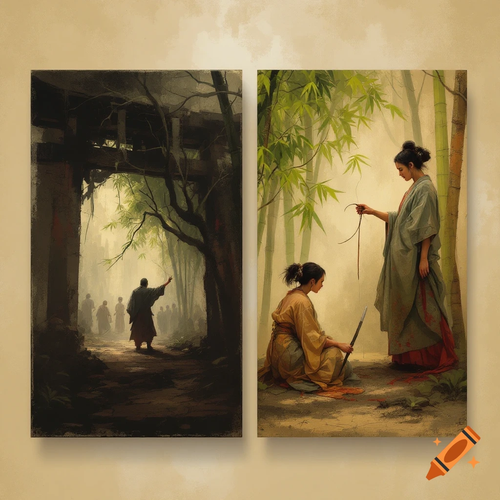 Two panels side-by-side. Left: figures near a ruined gate, one points forward. Right: Two women in a bamboo forest, one kneeling, one standing holding a string.