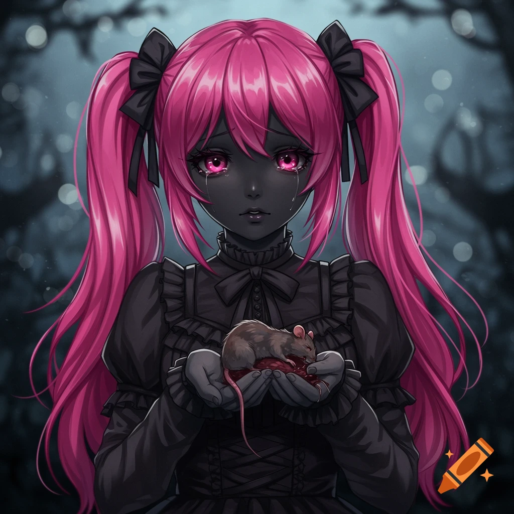 An anime girl with pink twintails and a gothic dress holds a dead rat in her hands in a dark forest.